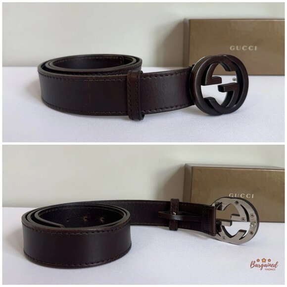 Authentic Gucci Dark Brown Leather Bamboo Interlocking G Buckle Belt 95/38 - Picture 6 of 13